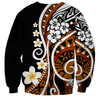 Unisex crewneck sweatshirt with black base, back Polynesian floral brown graphic.
