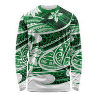 Green long-sleeve shirt with white tribal pattern and dark accents
