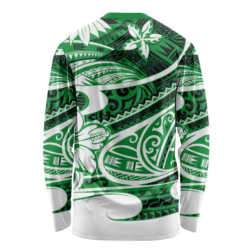 Back view green long-sleeve shirt with white tribal motifs and dark bands