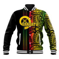 Black baseball jacket with colorful Vanuatu tribal artwork and snap button front