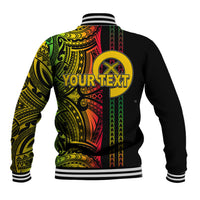 Black baseball jacket with colorful tribal back graphic and 'YOUR TEXT' center