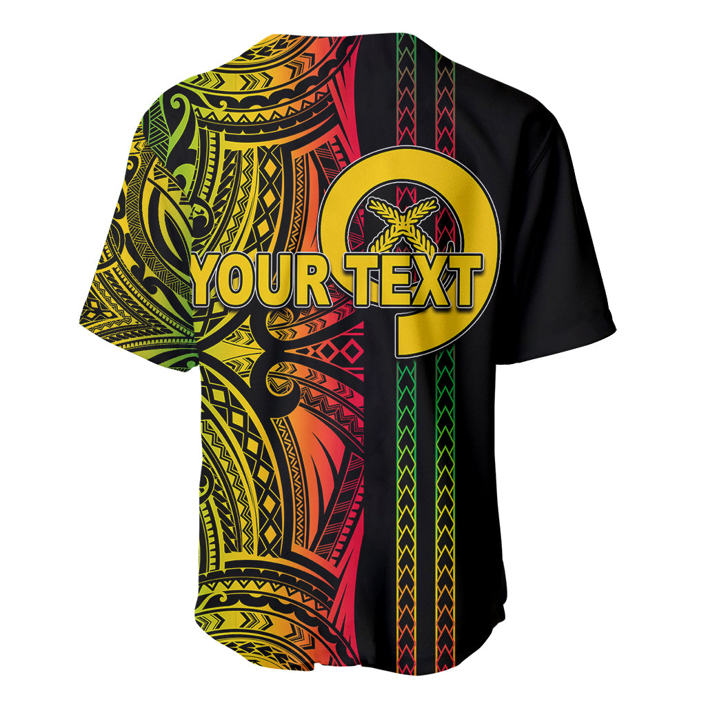 Black baseball jersey with YOURTEXT logo and red yellow green tribal print, button placket