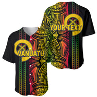 Black baseball jersey shown front and back, Vanuatu crest and YOURTEXT, tribal print