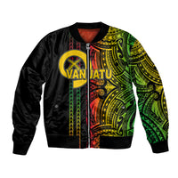 Black bomber jacket with front zip and colorful Polynesian tribal graphic sleeves