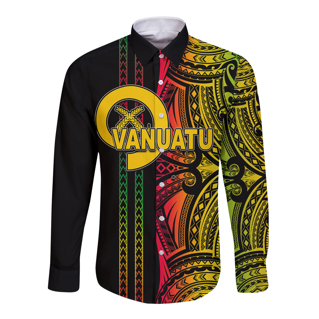 Black long-sleeve button-up shirt with colorful Vanuatu-style tribal print front