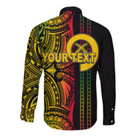 Black long-sleeve button-up with back tribal print and 'YOUR TEXT' graphic