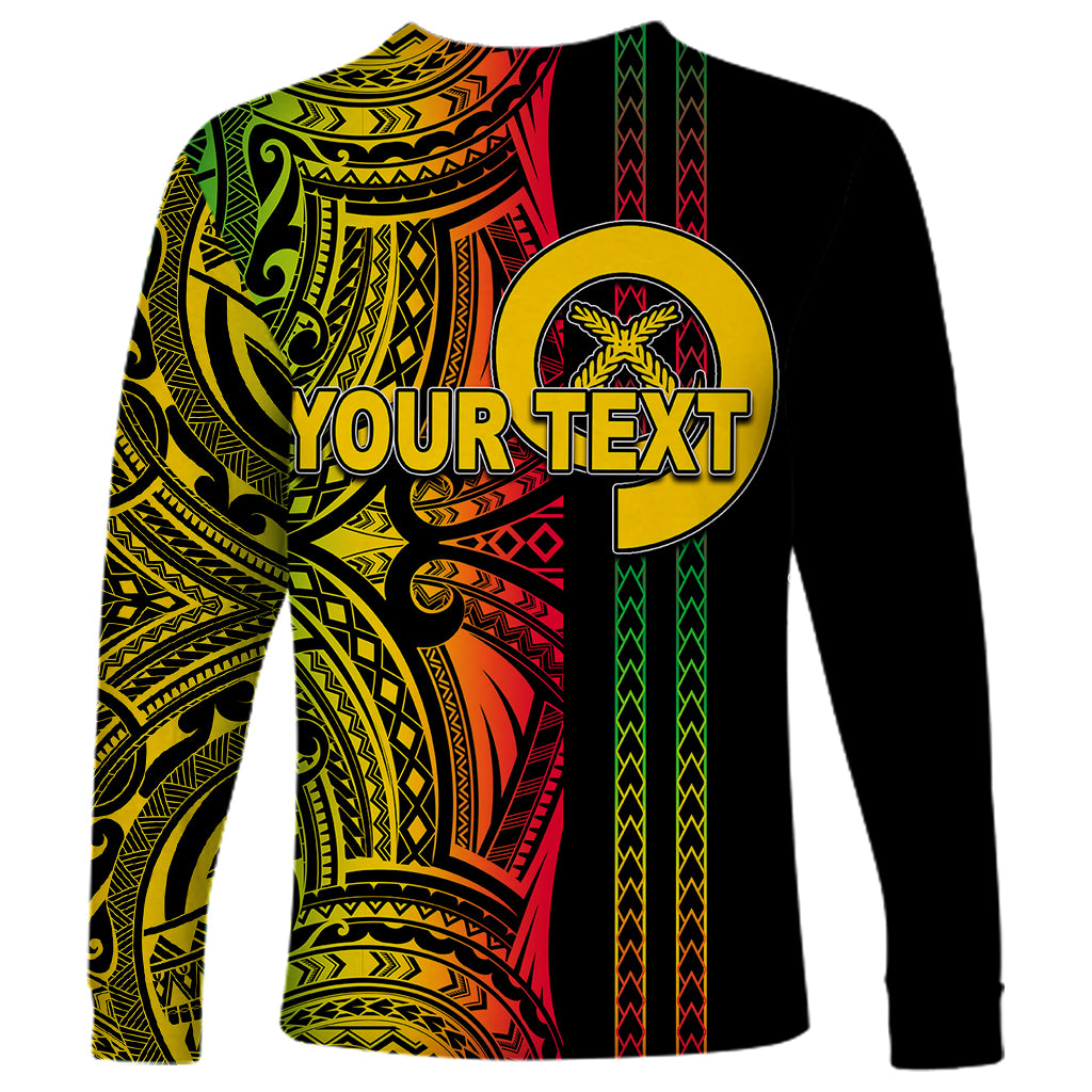 Black long-sleeve shirt with yellow, green, and red tribal print and circular YOURTEXT logo