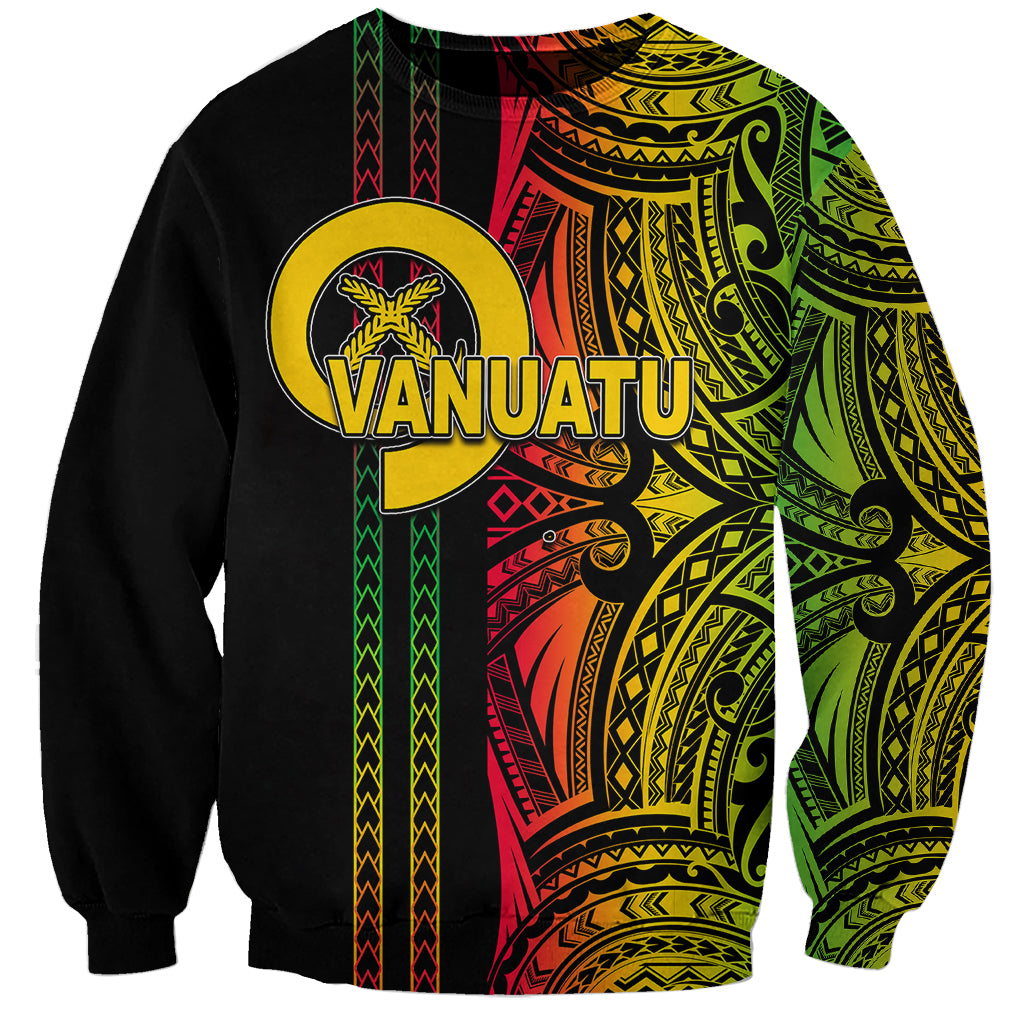 Black crewneck sweatshirt with colorful Polynesian tribal graphic and VANUATU print