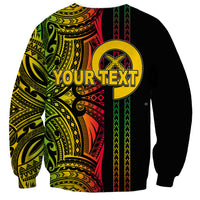 Black crewneck sweatshirt with green red yellow tribal pattern and YOUR TEXT print