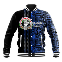 Blue and black tribal-print baseball jacket with striped ribbed collar and snap buttons