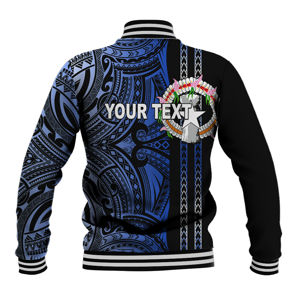 Back view blue tribal-print baseball jacket with striped ribbed hem and YOUR TEXT graphic