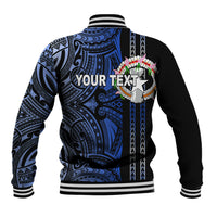 Back view blue tribal-print baseball jacket with striped ribbed hem and YOUR TEXT graphic