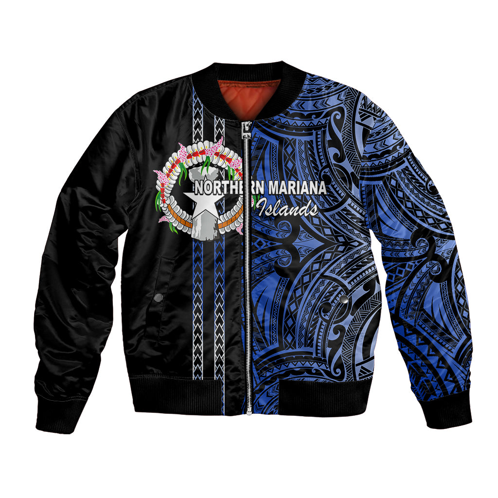 Unisex bomber jacket in black and blue with tribal Polynesian graphics and Northern Mariana Islands