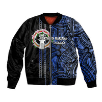 Unisex bomber jacket in black and blue with tribal Polynesian graphics and Northern Mariana Islands