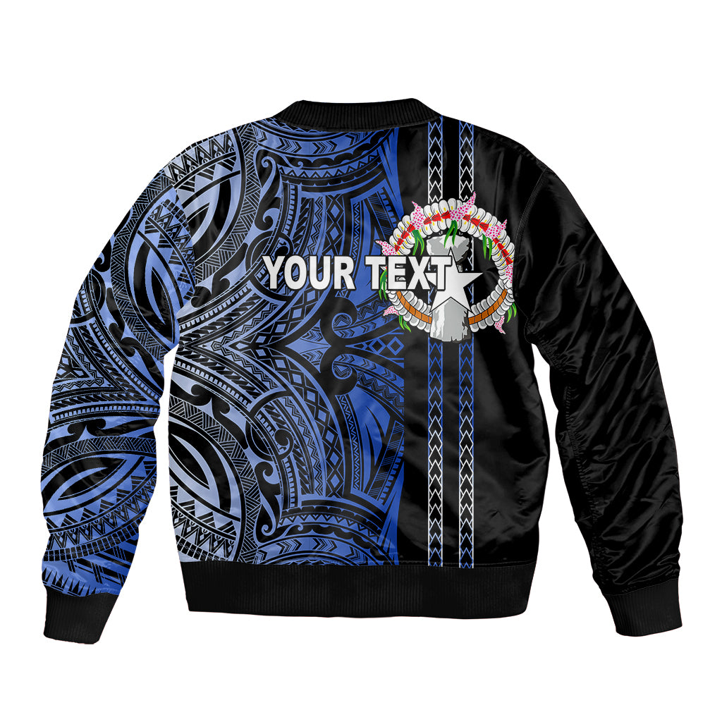 Unisex bomber jacket black and blue with tribal pattern and customizable Your Text front