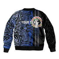 Unisex bomber jacket black and blue with tribal pattern and customizable Your Text front