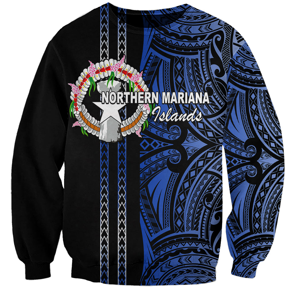 Unisex crewneck sweatshirt with blue-and-black Polynesian tribal print and wreath graphic