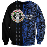 Unisex crewneck sweatshirt with blue-and-black Polynesian tribal print and wreath graphic