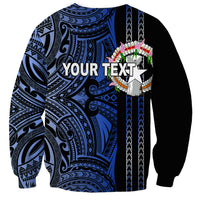 Unisex crewneck sweatshirt with blue tribal print, star badge, and wreath graphic