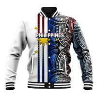 White baseball jacket with tribal print, blue/red stripes, and PHILIPPINES graphic
