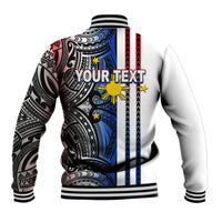 White baseball jacket back with tribal pattern, blue/red stripes, and YOUR TEXT