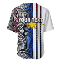 White short-sleeve baseball jersey with blue tribal panels and 'YOUR TEXT' on back