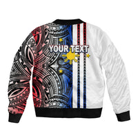 White unisex bomber jacket back with tribal pattern and 'YOUR TEXT' graphic