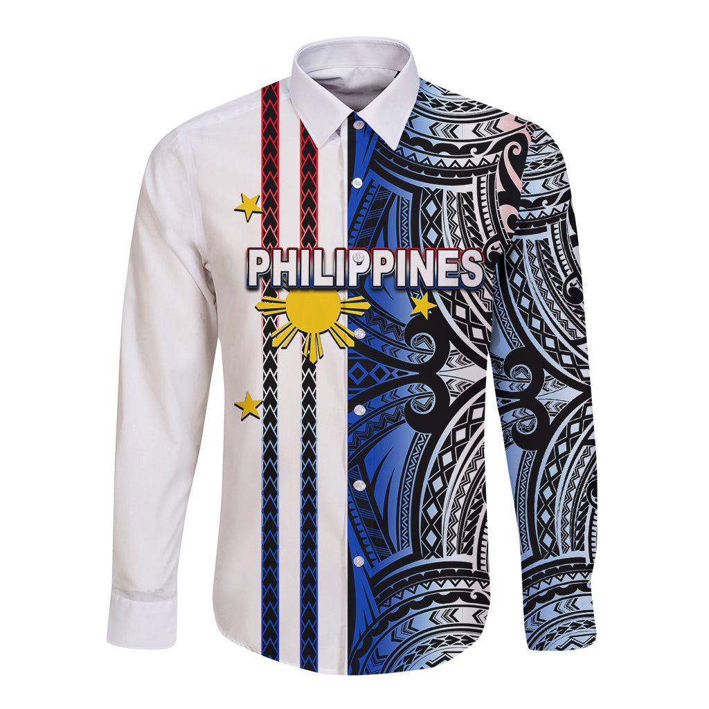 White long-sleeve button shirt with colorful tribal print and Philippines text