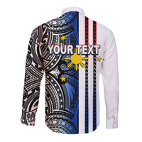 White long-sleeve button shirt with Polynesian tribal print and Your Text back