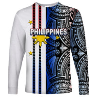Unisex white long-sleeve shirt with blue tribal 'PHILIPPINES' graphic panel