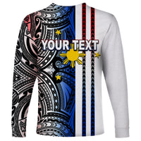 Unisex white long-sleeve shirt with blue tribal pattern and 'YOUR TEXT' front print