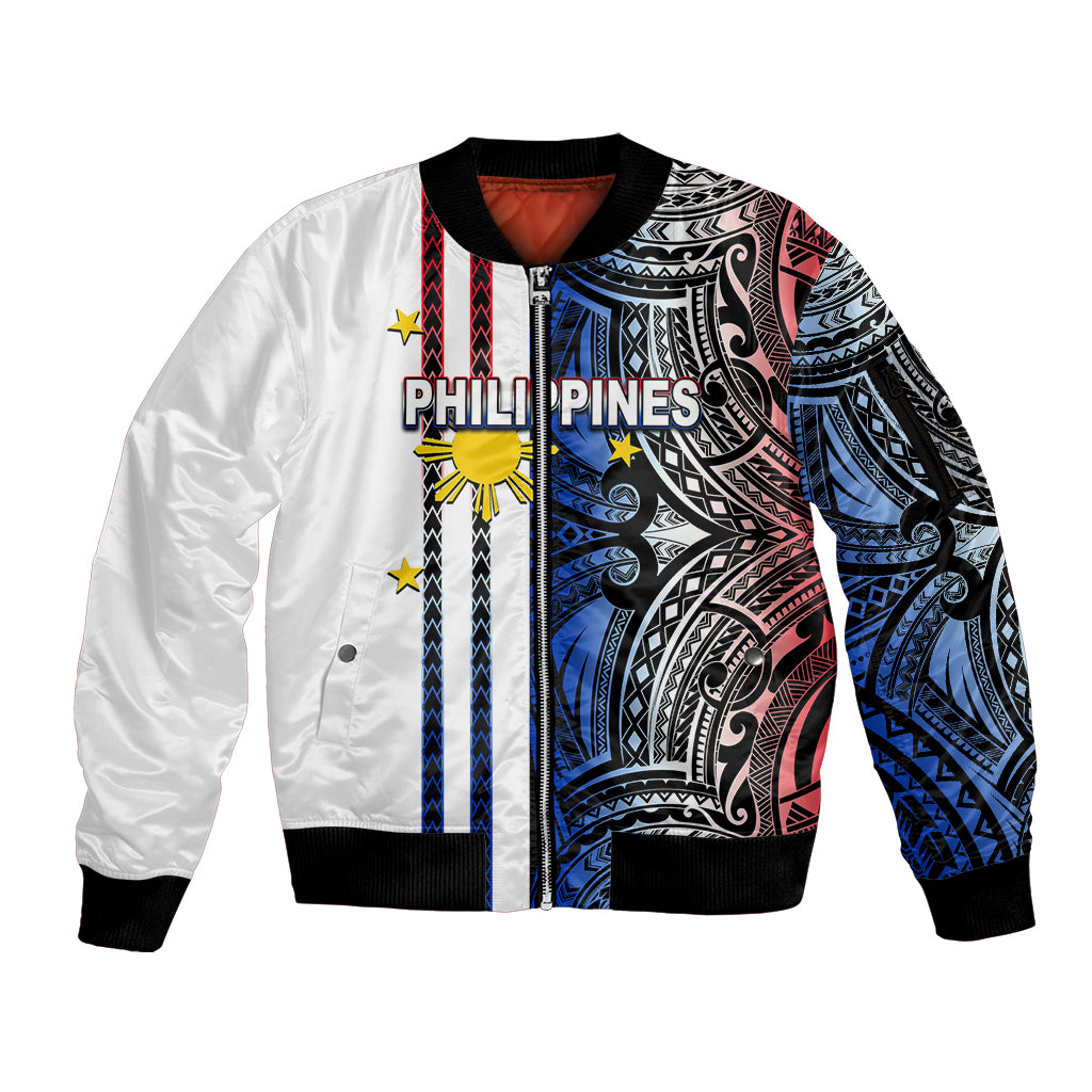 Custom Philippines Sleeve Zip Bomber Jacket Polynesian Tribal White LT6 - Wonder Print Shop