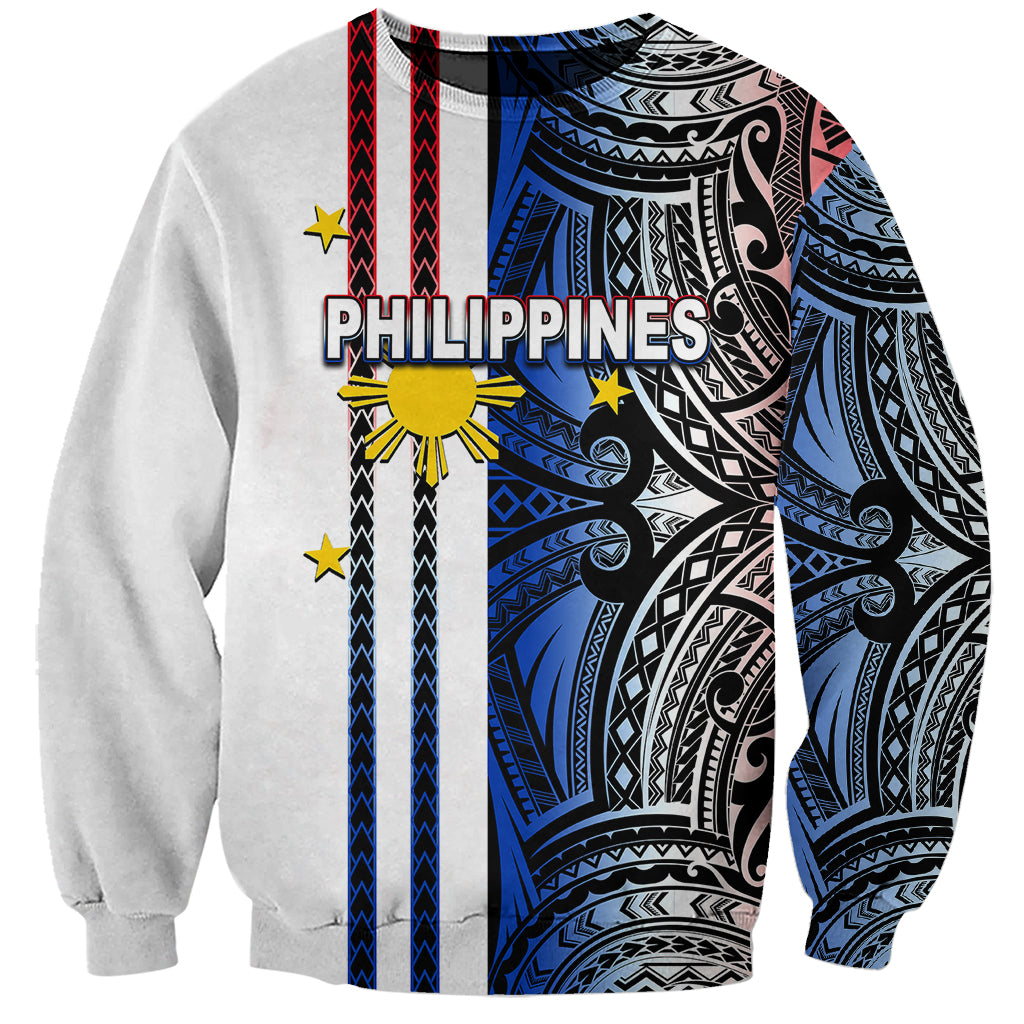 Unisex crewneck sweatshirt, light gray/white with blue tribal print and Philippines graphic
