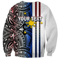 Unisex crewneck sweatshirt, light gray/white with blue tribal print and "YOUR TEXT" front