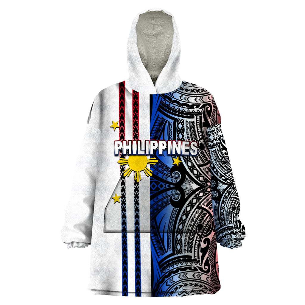 Custom Philippines Wearable Blanket Hoodie Polynesian Tribal White LT6 - Wonder Print Shop