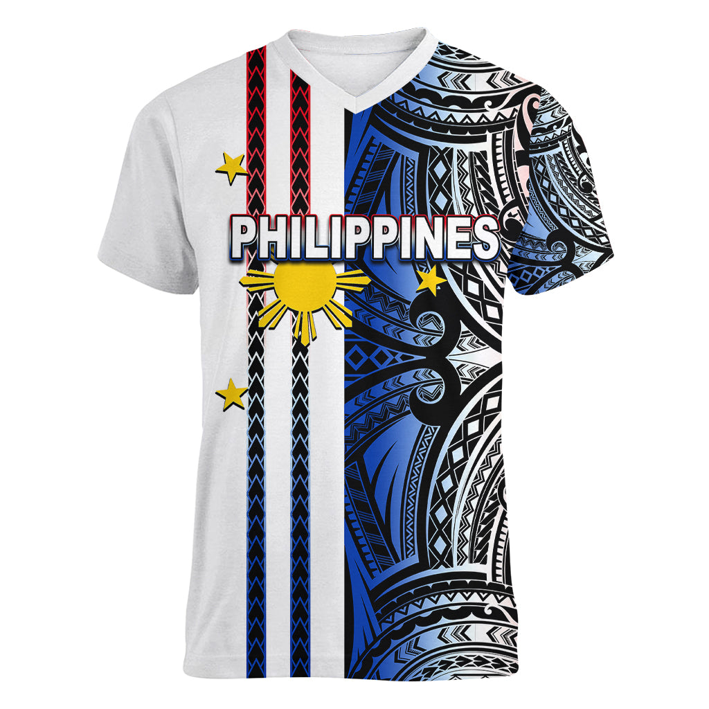 Custom Philippines Women V Neck T Shirt Polynesian Tribal White LT6 - Wonder Print Shop