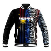 Black baseball jacket with ribbed collar, button front, and tribal Philippines front graphic.