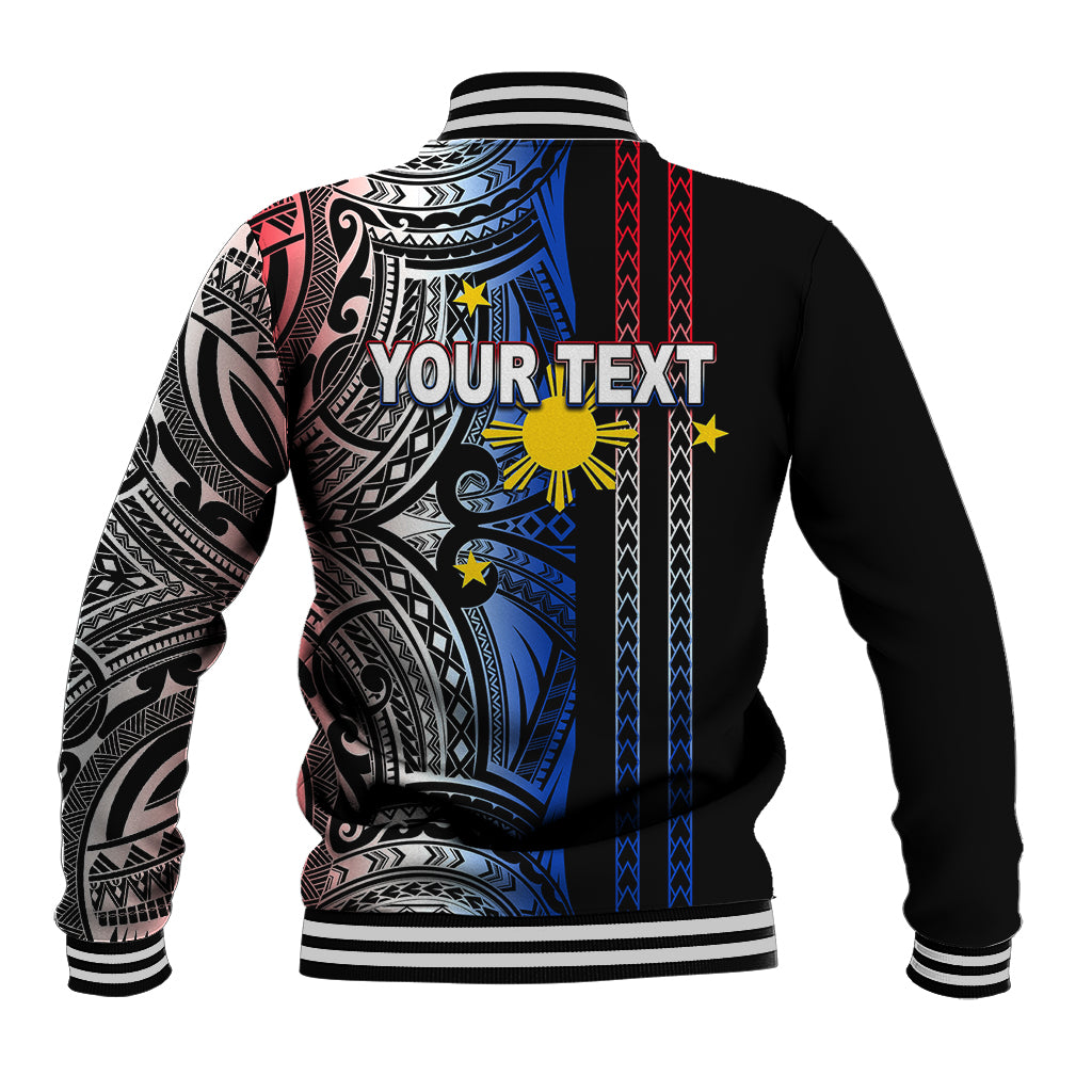 Black varsity baseball jacket with ribbed collar and large tribal graphic on back.