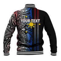Black varsity baseball jacket with ribbed collar and large tribal graphic on back.