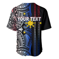 Black baseball jersey with blue and red tribal pattern, YOUR TEXT on back