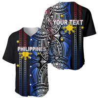 Black baseball jersey with blue tribal print, PHILIPPINES front and YOUR TEXT back