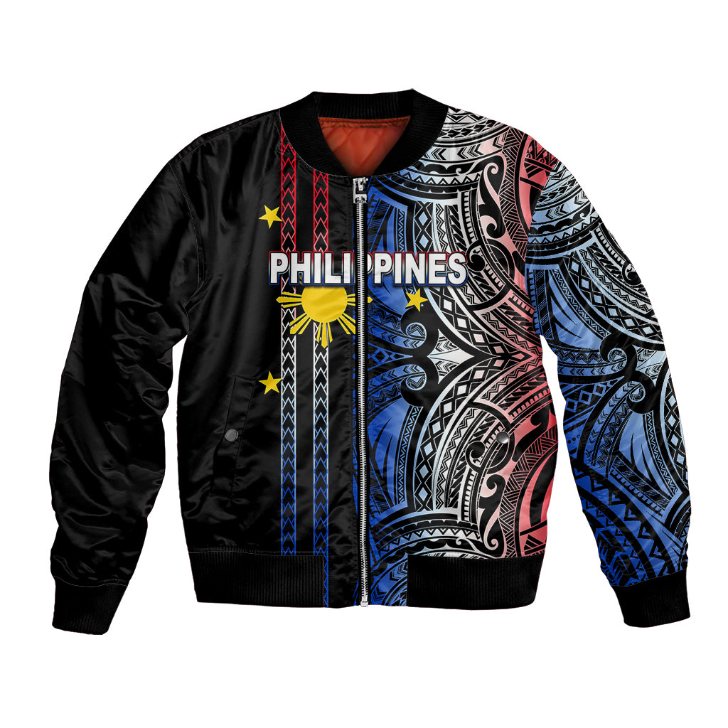 Black unisex bomber jacket with colorful Polynesian tribal print and PHILIPPINES patch