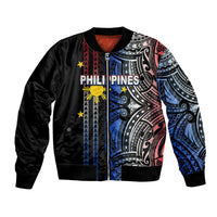 Black unisex bomber jacket with colorful Polynesian tribal print and PHILIPPINES patch