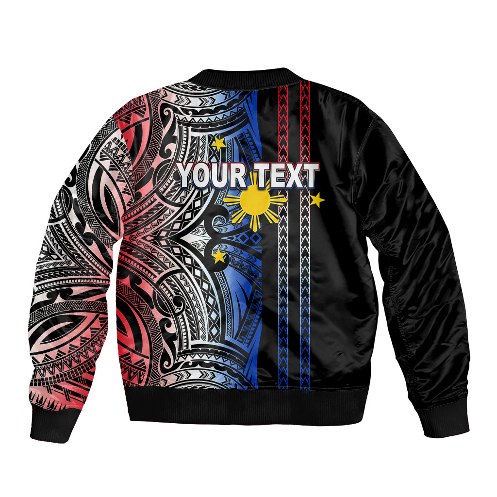 Black bomber jacket with back Polynesian tribal print and YOUR TEXT graphic