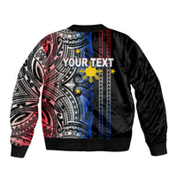 Black bomber jacket with back Polynesian tribal print and YOUR TEXT graphic