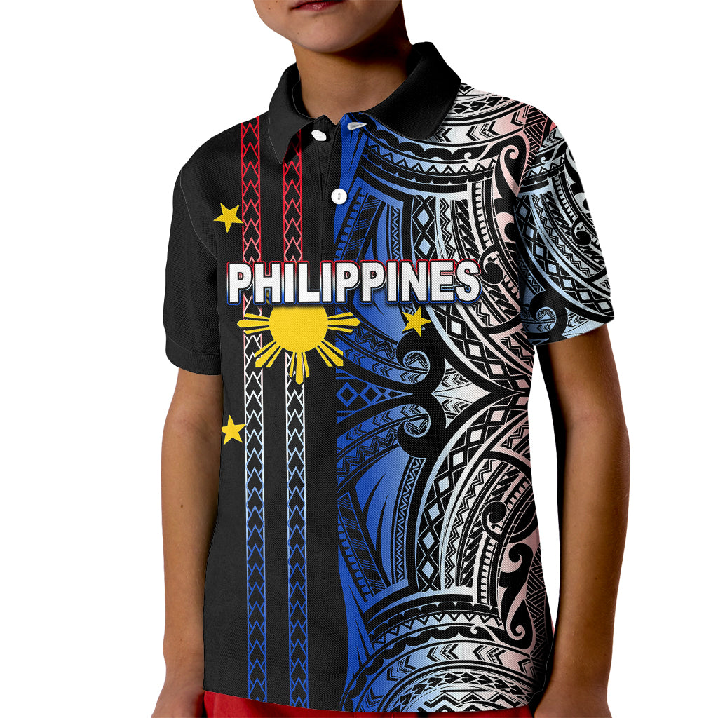 Custom Philippines Kid Polo Shirt Polynesian Tribal Black LT6 - Wonder Print Shop