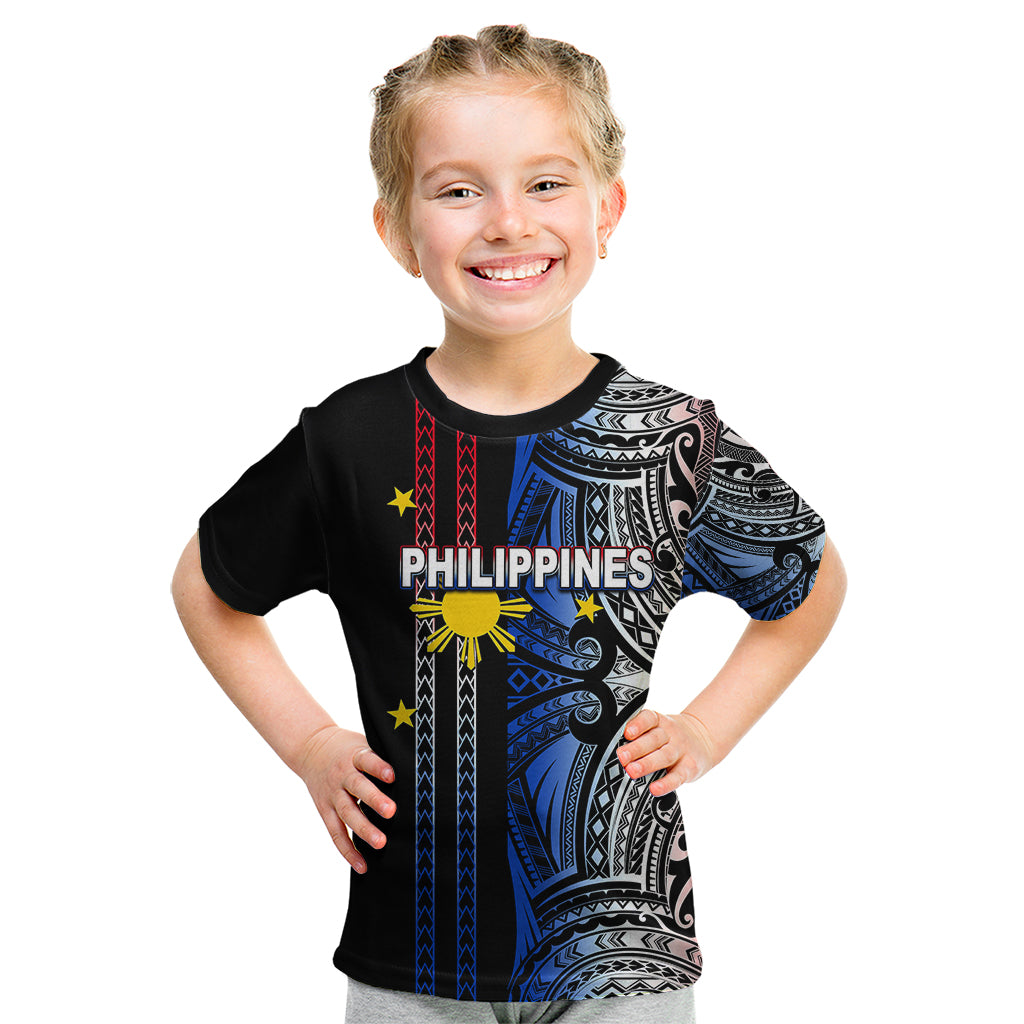 Custom Philippines Kid T Shirt Polynesian Tribal Black LT6 - Wonder Print Shop