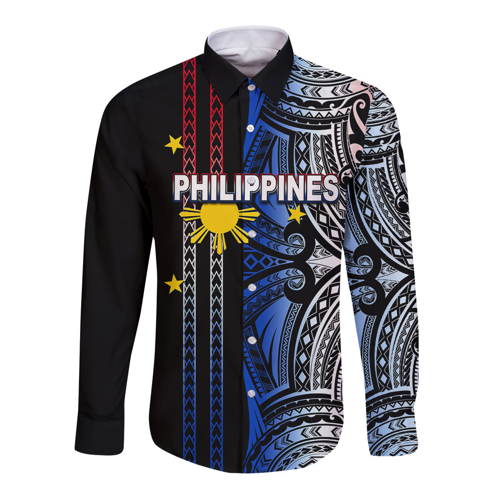 Black long-sleeve button shirt with colorful Polynesian tribal print and Philippines graphic