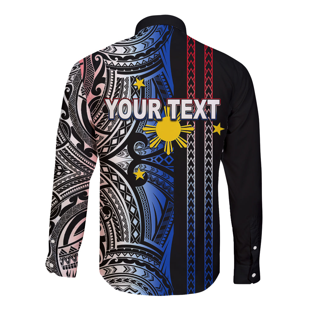 Black long-sleeve button shirt with blue tribal print, red accents, and 'YOUR TEXT' on back