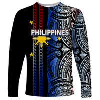 Black long-sleeve shirt with colorful tribal graphic and 'PHILIPPINES' text on front.